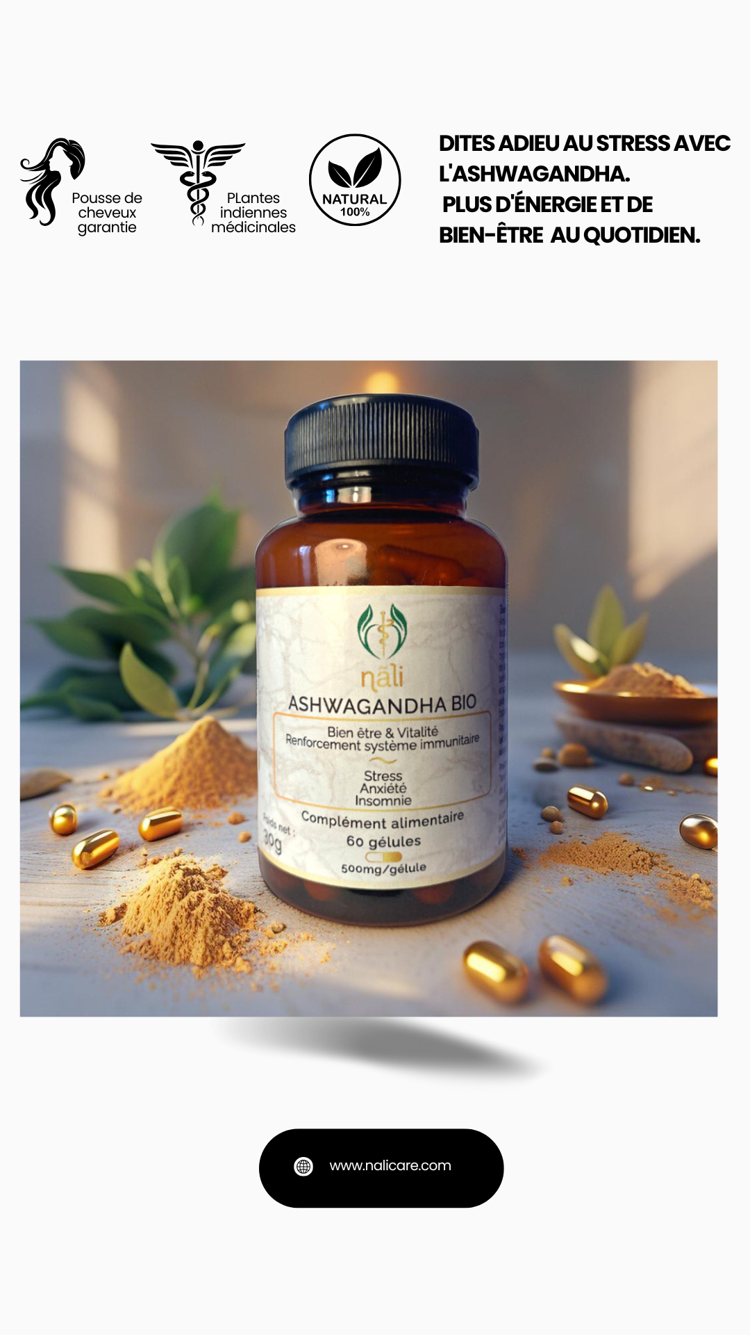 Ashwagandha Bio - Anti-Stress Naturel pour stopper Chute et stimuler Pousse de Cheveux